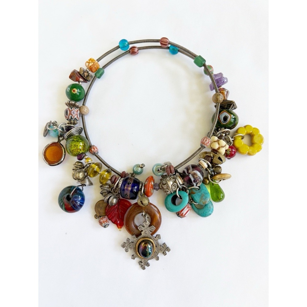 Vtg Necklace SIGNED TRESKA Charm Glass Dangle Choker Silver tone Chain